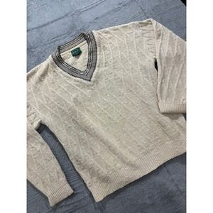 IZOD Sweater Mens Medium Cable Knit Cream V Neck Preppy Classic Cotton